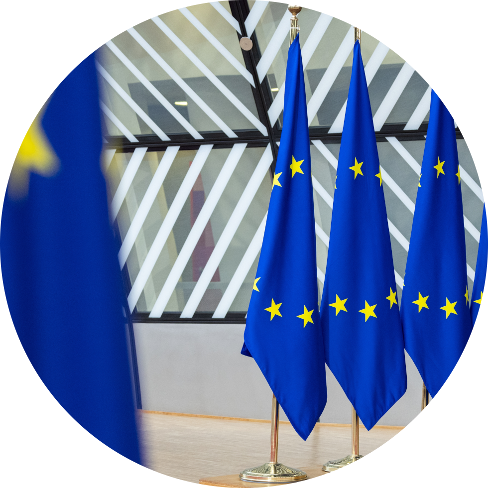 Indoor display of European Union flags with modern glass architecture in the background